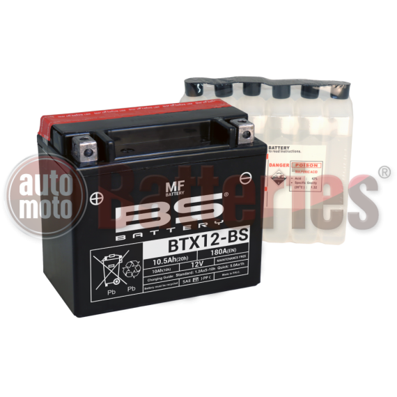 Μπαταρία Μοτοσυκλέτας BS-BATTERY  BTX12-BS  MF 10.5AH 180EN Αντιστοιχία YTX12-BS