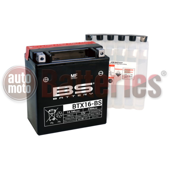 Μπαταρία Μοτοσυκλέτας BS-BATTERY  BTX16-BS  MF 14.7AH 230EN Αντιστοιχία YTX16-BS